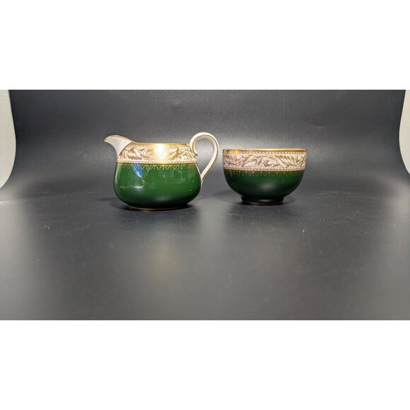 Vintage Spode Green Gold Creamer Sugar Bowl Set Fine Bone China Elegant Design - Picture 9 of 16